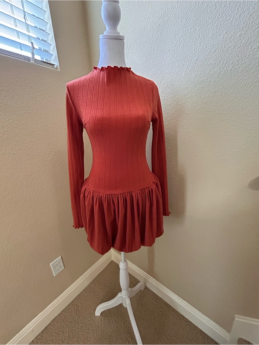 Lulu’s Rust Red Ribbed Bubble-Hemmed Mini Dress - Elegant Fit & Flare